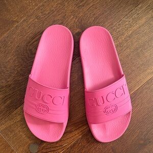 Gucci Hot Pink Embossed Logo Slide Sandals
